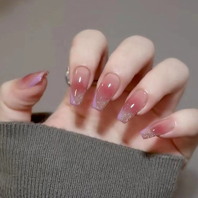 雅婕娜-漸變腮紅閃紫穿戴甲閃亮碎片芭蕾美甲成品假指甲貼片24片