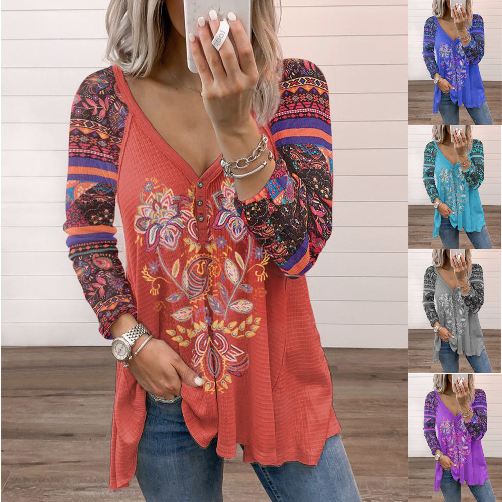 2022 Europe and the United States cross-border wish foreign trade autumn and winter women's V-neck pullover printed long sleeve loose T-shirt women's top