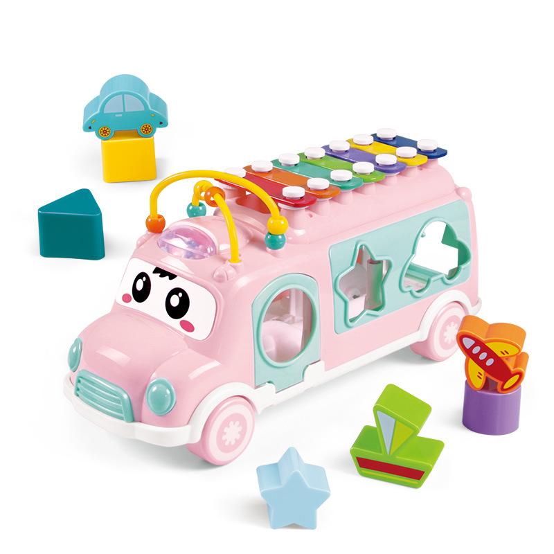 Internet celebrity children's bus small musical instrument cross-border baby early education educational puzzle hand-operated musical instrument building blocks matching toy