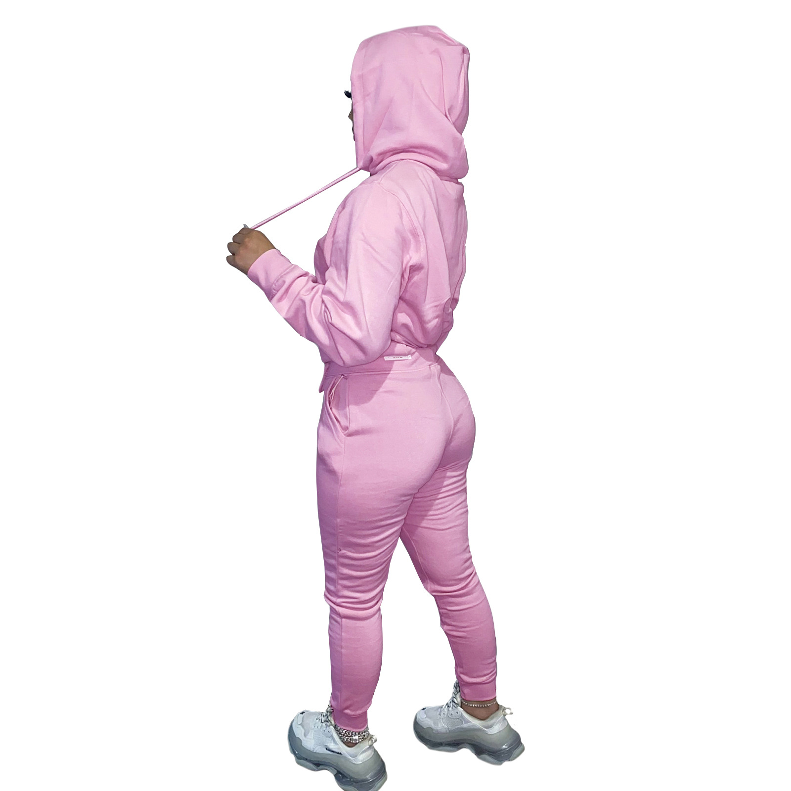 HR8197 European and American women's clothing  independent station supply autumn and winter plus velvet drawstring hooded two-piece set_voghion.com