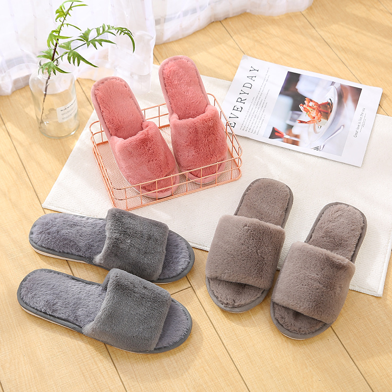 Autumn and Winter Plush Cotton Slippers Home Indoor Wooden Floor Non-slip Imitation Rabbit Hair Flat Slippers for Couple Men's and Women's Shoes