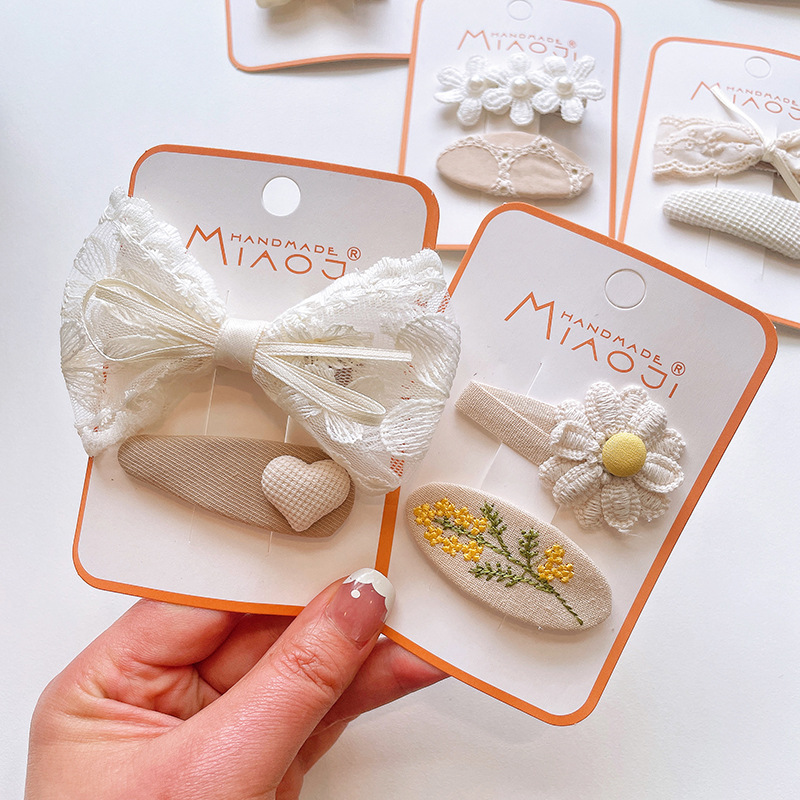 Matcha Color Bow Hairpin Korean Style Children's Hair Accessories Fabric Embroidered Hairpin Girl's Bangs Broken Hair BB Clip