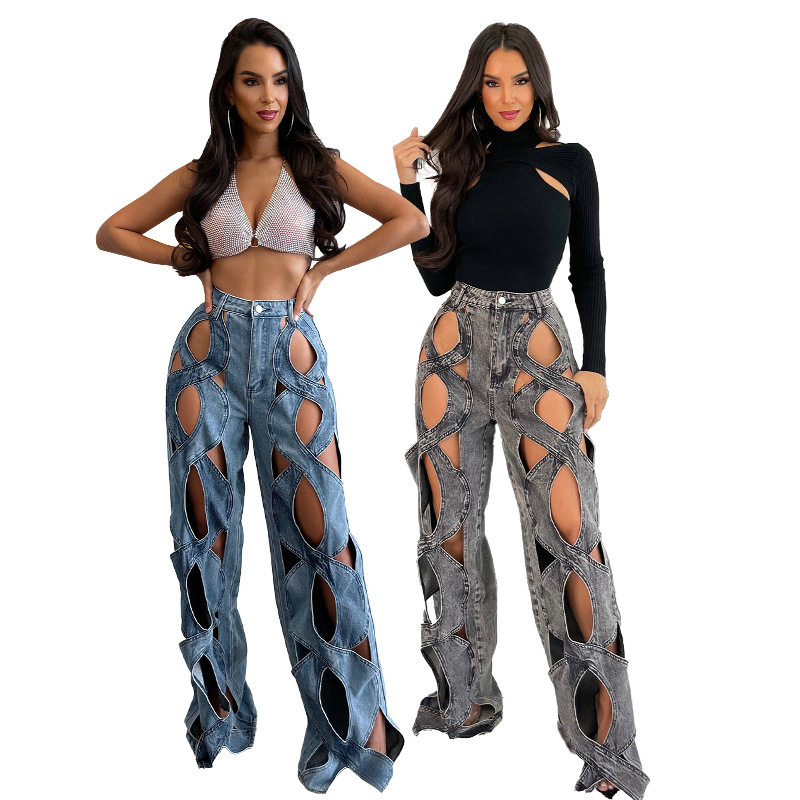 HR23112 European and American women's stretch Denim fabric personalized twist hollow loose large straight jeans