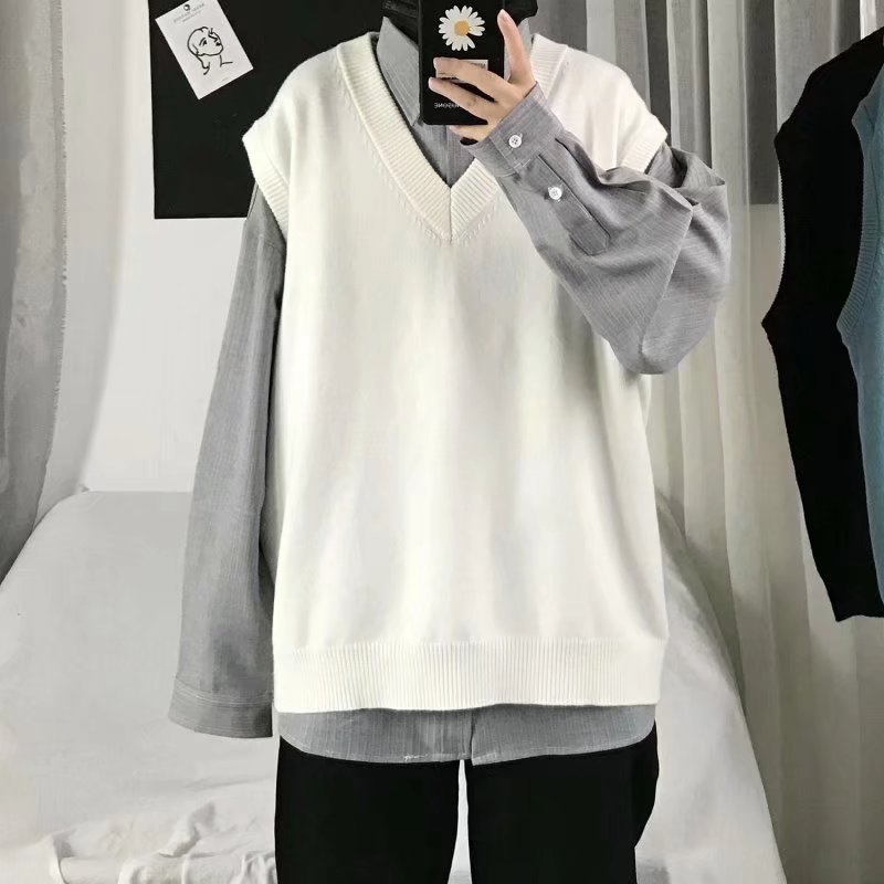 Spring and Autumn Thin Sweater Vest Men's Outer Wear Fashionable Student Loose Waistcoat Knitted Sleeveless Vest Jacket