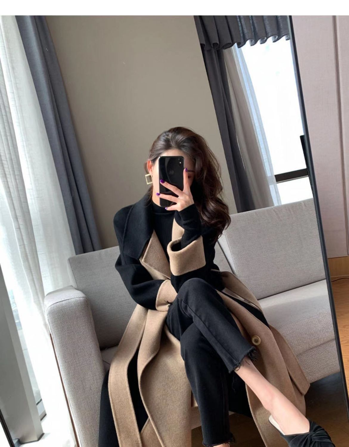 Uldfrakke Dame lang 2023 vinter Ny dobbeltsidet fleece uld farveblok Elegant Hepburn stil slankende frakke_voghion.com