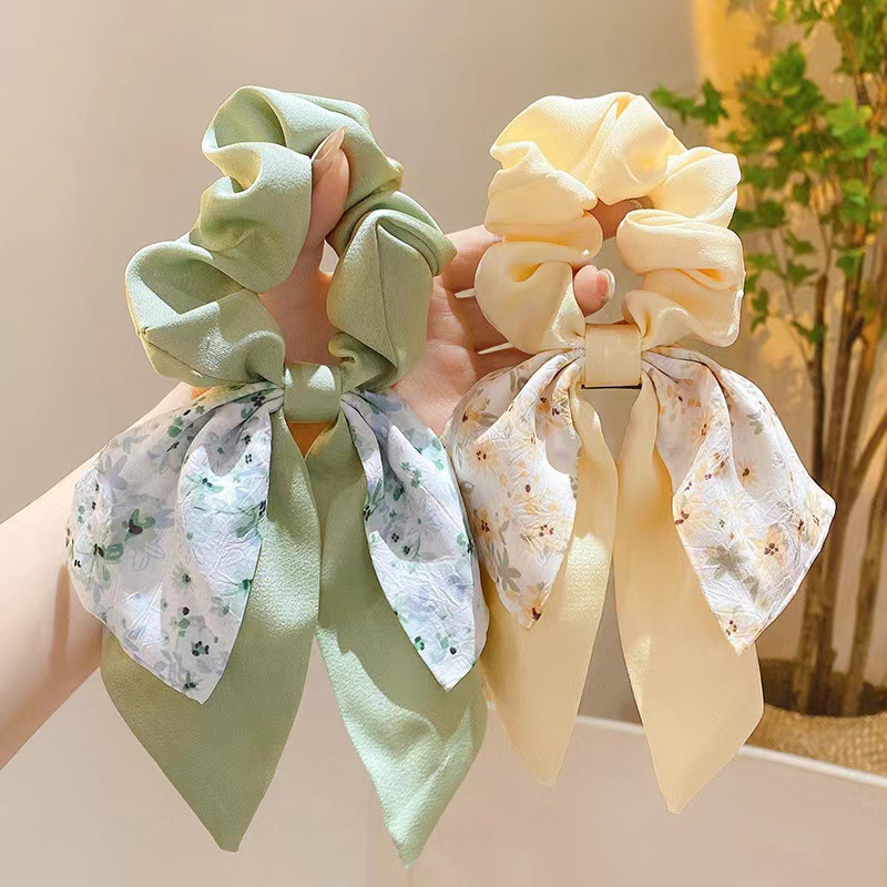 Spring and Summer small fresh double-layer floral ribbon large intestine hair ring student adult horsetail does not hurt the hair fat intestinal ring female