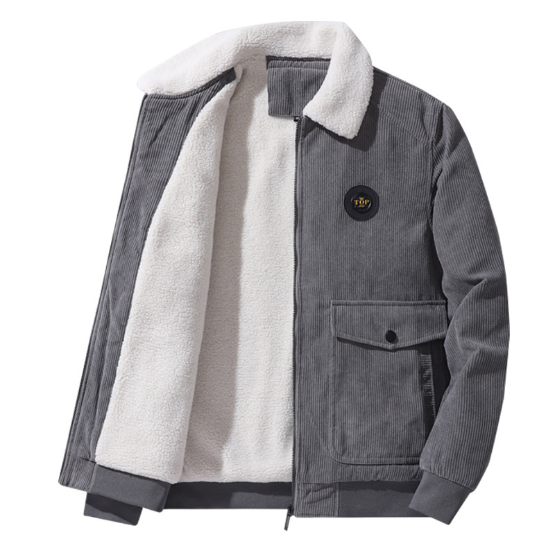 Autumn and Winter New Corduroy Lambswool Jacket Jacket Men's Loose Fleece-lined Thickened Casual Lapel Jacket for Men
