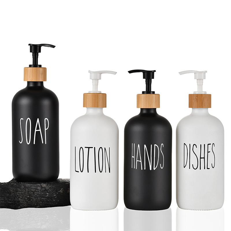 Amazon Glass 500ml Boston Hand Sanitizer Pump Black and White Bottles Wooden Cap Soap Dispenser Shampoo Bottle