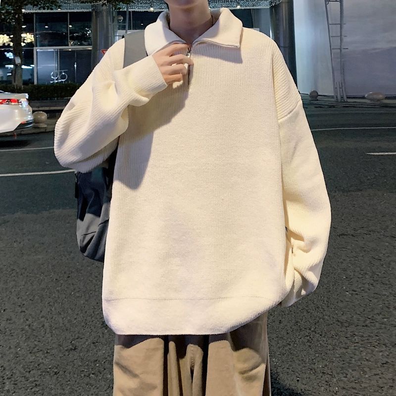 Half Turtleneck Zipper Sweater Men's Autumn Korean Style Fashionable Loose Knitted Sweater Heavy Trendy Brand Casual Couple's Sweater