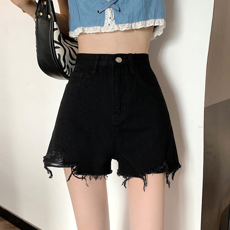 Black Jeans Shorts Women's 2024 Summer New Korean Style Ripped High Waist Slimming Hot Pants Spice Girls Wide Leg Pants