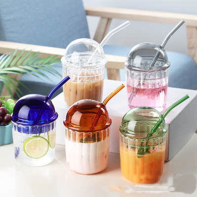 High color value creative cold drink Bobo Cup with straw ins style simple High Borosilicate Glass milk juice single-layer Cup