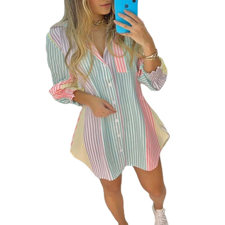 2022 Amazon wish European and American New Summer Long Sleeve V-Neck Button Striped Shirt Dress