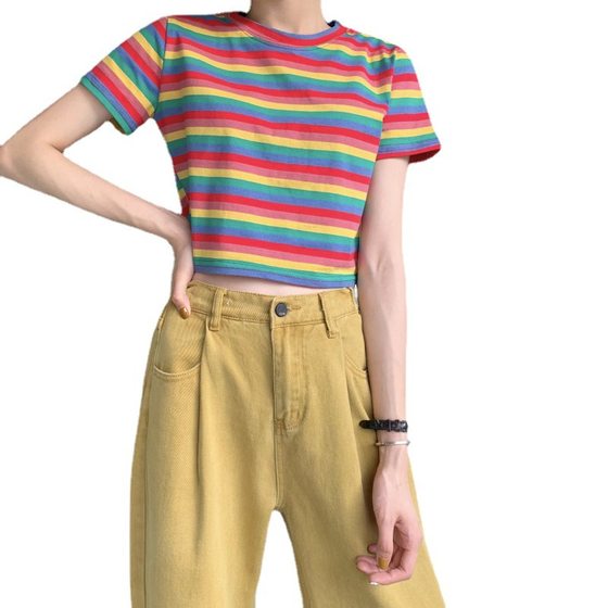 Super Popular cec Loose Rainbow Striped Short-sleeved T-shirt Women's Instagram Popular 2021 New Summer Short Short-sleeved T-shirt Top