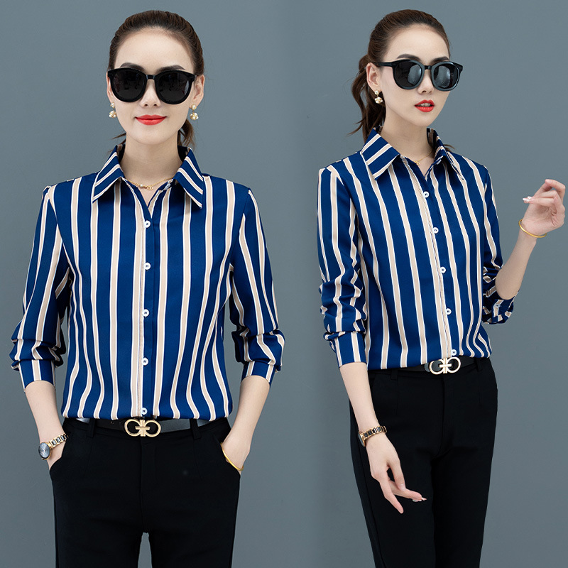 New Printed Striped Shirt Women's Long-sleeved Striped Business Wear Work Clothes Large Size Women's Fashionable Base Shirt Women's White