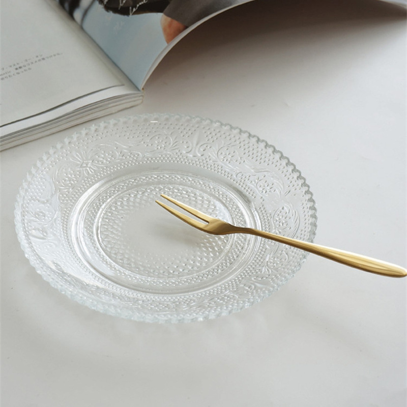 Plate High Appearance Fresh ins Style Cafe Dim Sum Glass Plate Vintage Embossed Household Dessert Plate Snack Dish