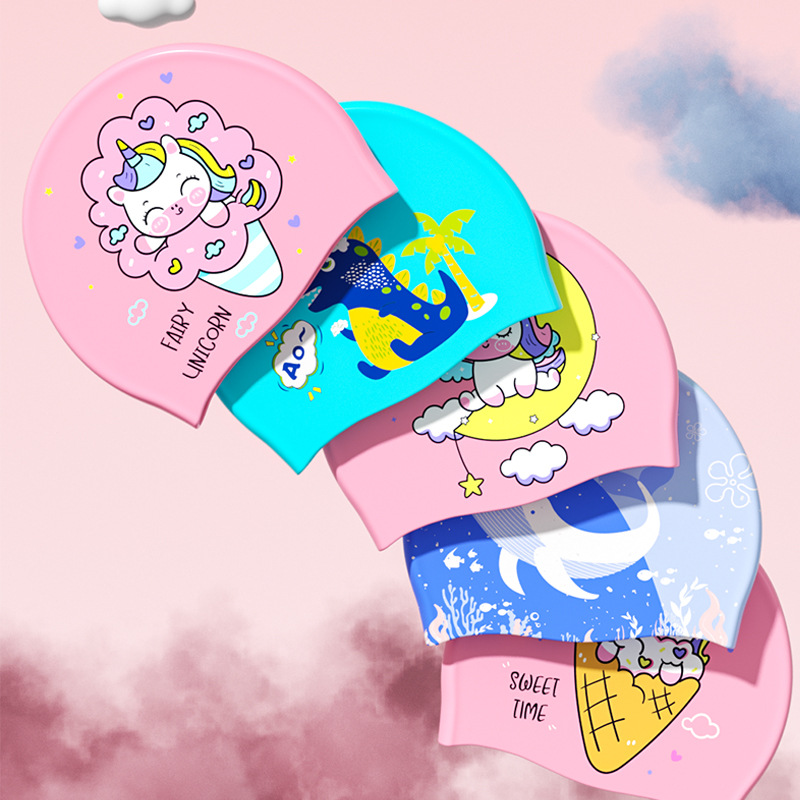Children's Swimming Cap Silicone Waterproof Comfortable No Head Cartoon Plus Unicorn Swimming Cap Girls Printing Wholesale