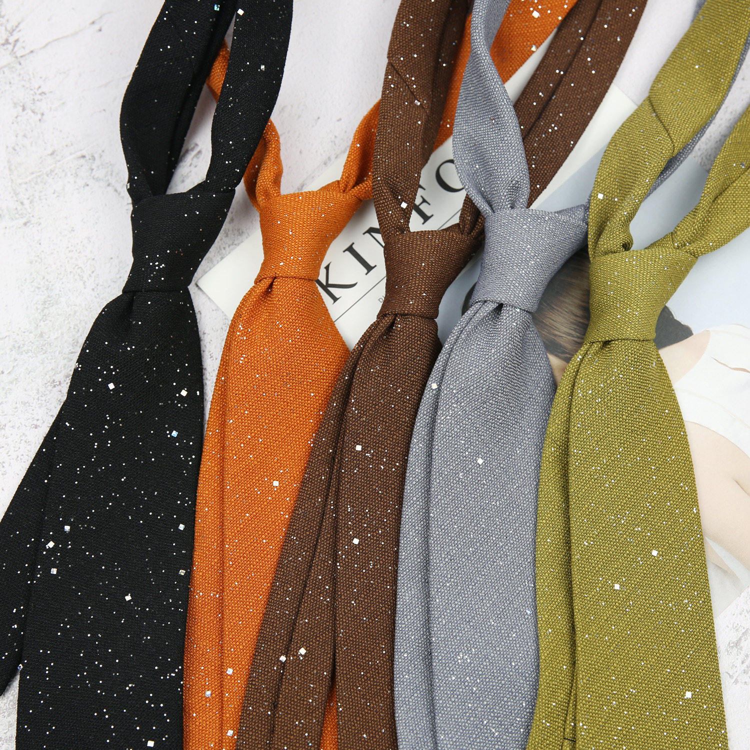 Shiny solid color orange brown green black and white men's dress stage tie gentry dress performance wedding wedding shooting host