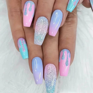 Sweet Flash Girl Macaron Color Gradient Nail Art Flow Heart Summer Cute Wear False Nails Wholesale