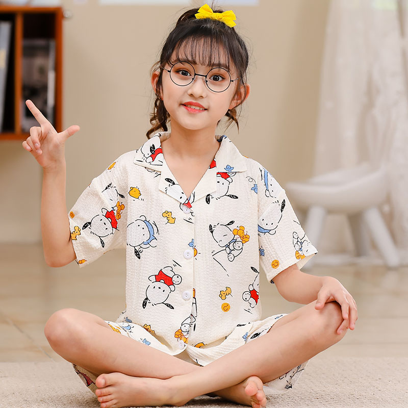 Summer Bubble Crepe Cotton Children's Pajamas Lapel Cardigan Short Sleeve Shorts Cute Sweet Kids Home Clothes