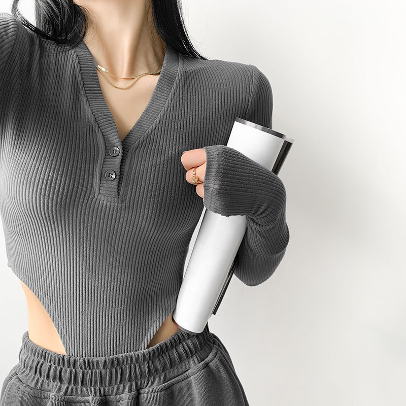 【Monthly sales of 100,000】Sexy hot girl waist-hugging one-piece T-shirt hidden button slim long-sleeved V-neck scheming base shirt for women
