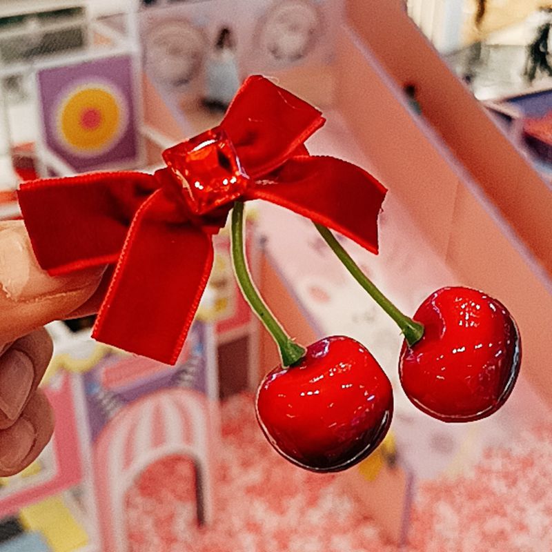 Winter atmosphere red cherry bow velvet hairpin female back half tie hair clip headdress hair accessories