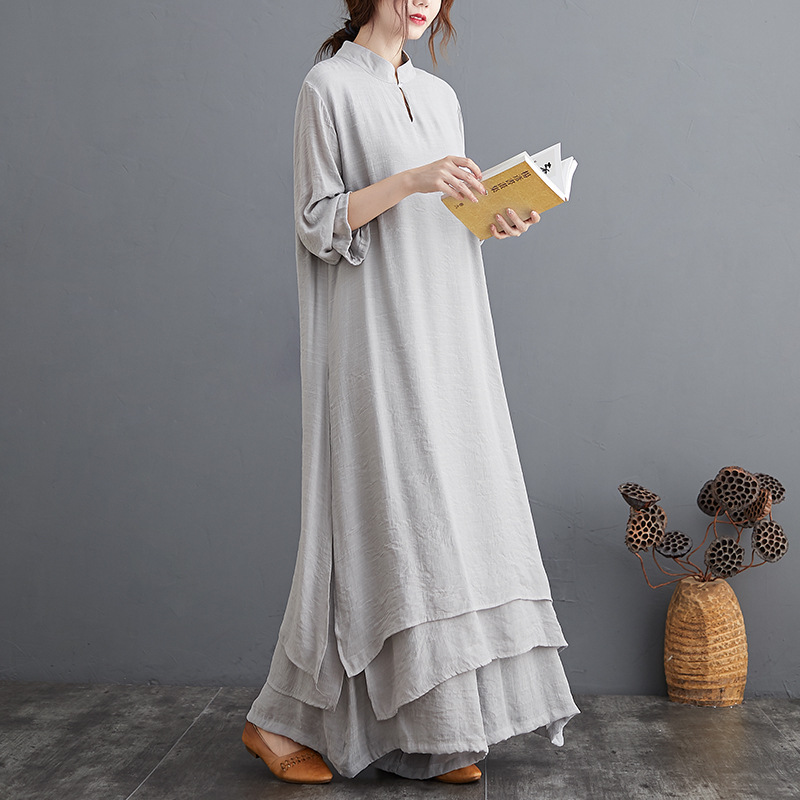 Foreign trade plus size spring original Chinese medium and long version artistic yoga clothes tea clothes Zen dance clothes suit women's artistic two-piece suit