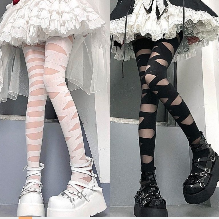 Y2g Asian culture hot girl black and white bandage long over-the-knee stockings women's lace-up pile Lolita socks thin