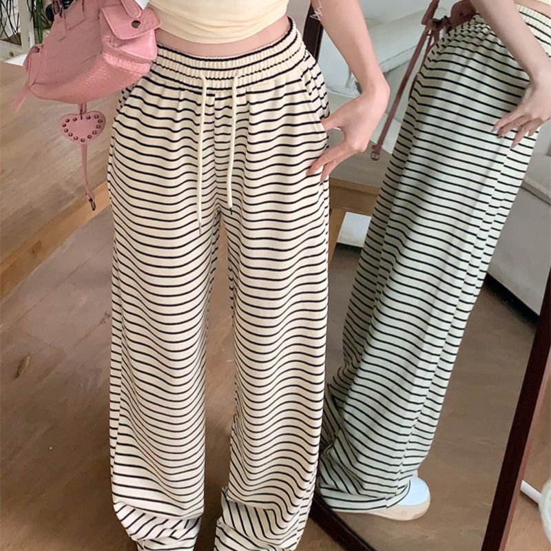 Hot Girl Striped Drawstring Dagging Casual Pants Women's Summer Korean Style Straight Pants Loose High Waist Wide Leg Pants