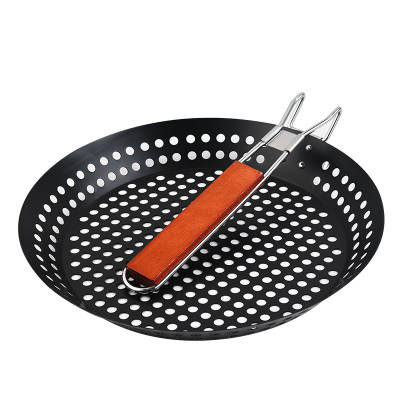 12-inch folding wooden handle round barbecue drain plate non-stick paint vegetable barbecue basket BBQ drain plate outdoor baking tools