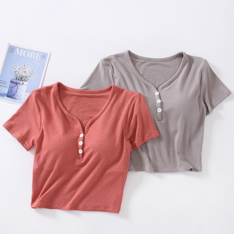 Navel-exposed Short-sleeved T-shirt with Chest Pad Women's Buckle Decorative V-neck Wear-free Bra Cup All-in-one Underwear High Waist Inner Summer