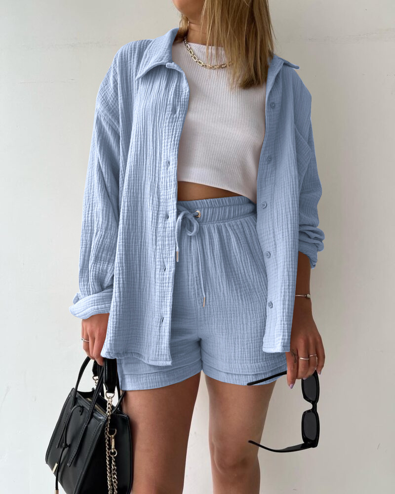 2023  European and American Women's Wrinkled Lapel Long Sleeve Shirt High Waist Drawstring Shorts Fashion Casual Two-Piece Set_voghion.com