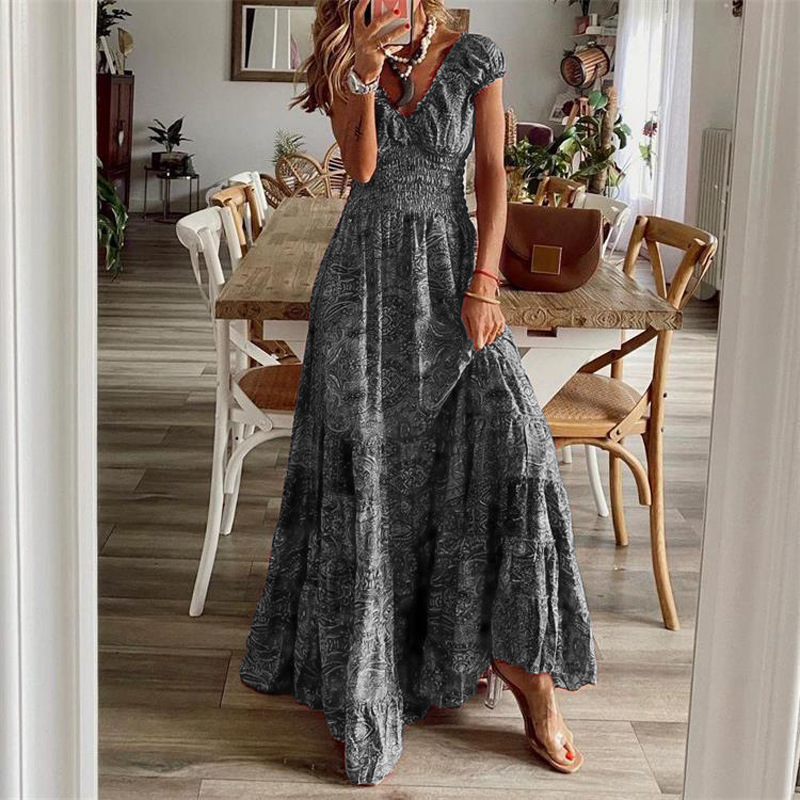 European and American cross-border bohemian style 2023 new long dress tight waist floral print large swing dress