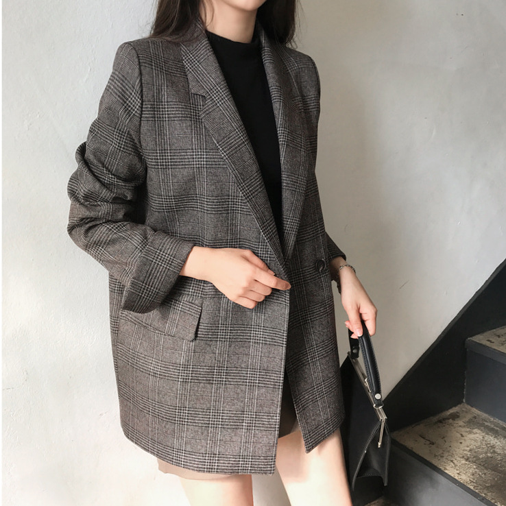 Korean chic early autumn retro simple plaid lapel two-button loose double-pocket long-sleeved small suit jacket for women