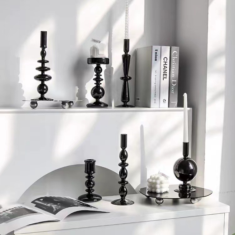 Photo Decorative Props ins Style Black Glass Candlestick Ornaments Nordic Light Luxury Home Clothing Store Simple Tray