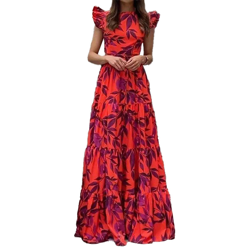Amazon 2023 Summer New European and American Women's Fashion Printed Elegant Flying Sleeve High Waist Long Dress