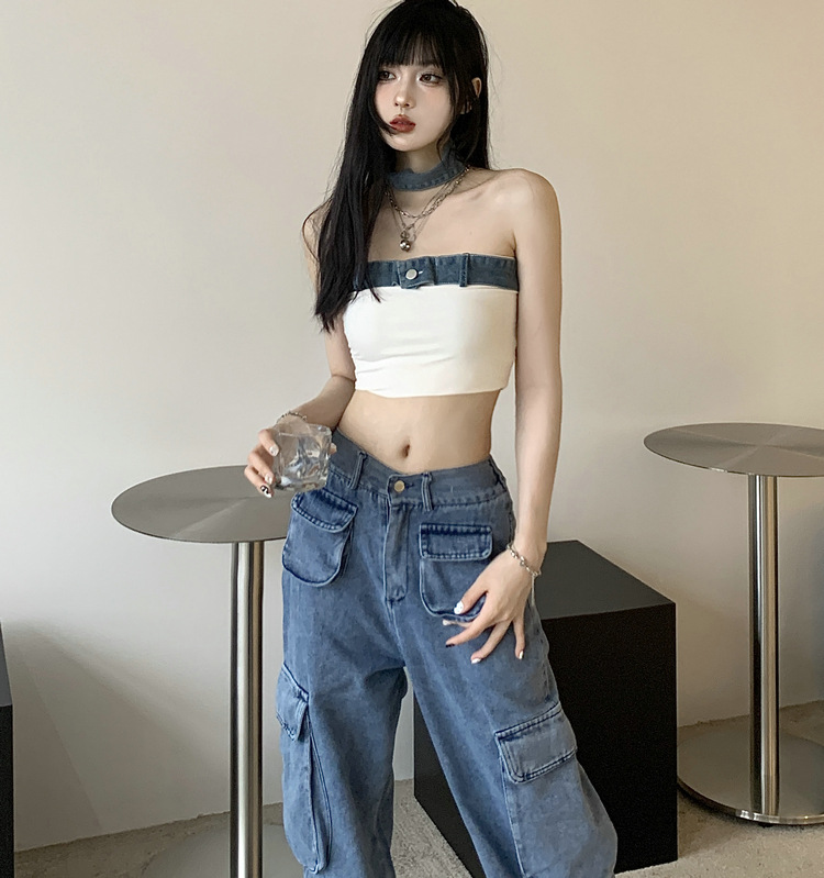 Summer hot girl slimming patchwork tube top denim jacket two-piece suit American retro multi-pocket loose jeans