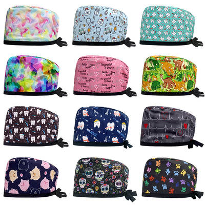 Amazon Supply Cotton Printed Surgical Cap Women's Band Adjustable Nurse Cap Dentist Oral Scrub Cap