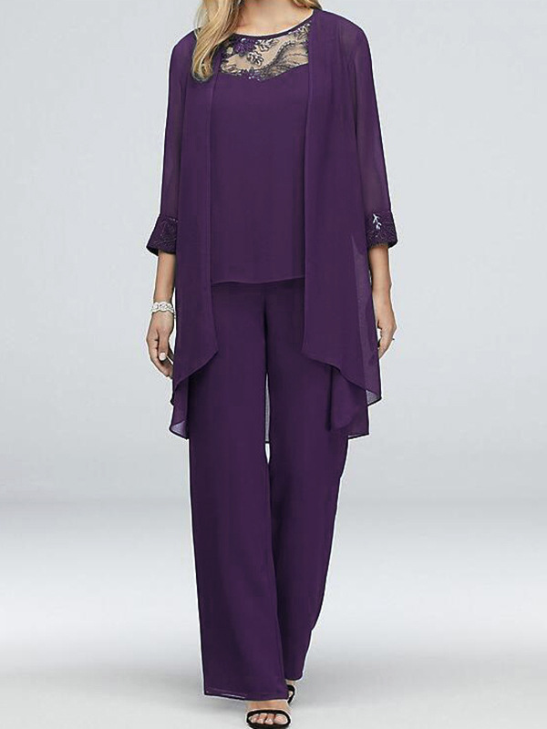 Fashion Suit Crewneck Lace Stitching Chiffon Cardigan Straight Pants Three-piece Suit Women