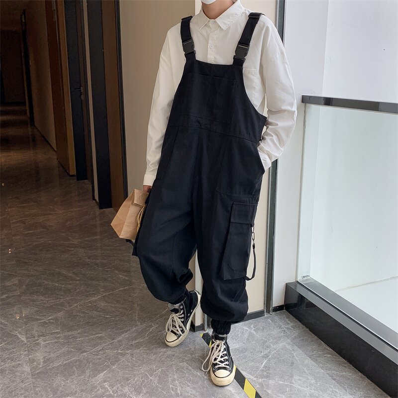 Japanese Harajuku Tooling Sling Pants Men's Trendy Brand ins Retro One-piece Suspender Pants Loose Wide-leg Straight Pants for Daddy