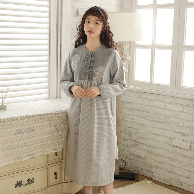 Nightgown for women spring and autumn  new pure cotton brushed velvet long-sleeved nightgown autumn and winter women's nightgown home wear