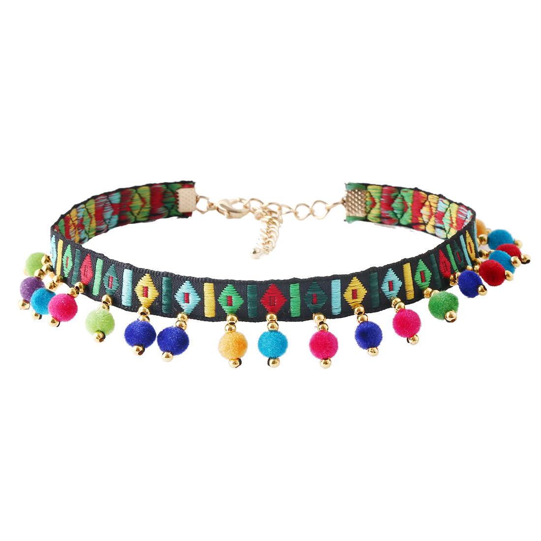 New European and American exotic cross-border fabric embroidery color multi ball bead tassel neck with foreign trade Jewelry necklace