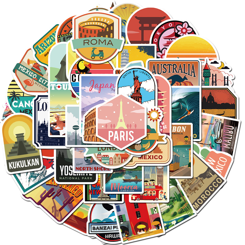50 pieces travel city landscape graffiti stickers luggage trolley case scooter laptop waterproof stickers