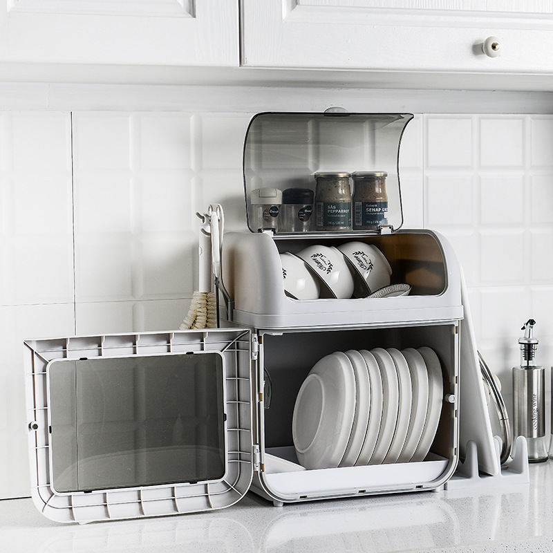 Kitchen Multi-functional Draining Storage Tableware Double-layer Modern Simple Bowl and Chopsticks with Lid Dust-proof Fume-proof Bowl Rack Cupboard