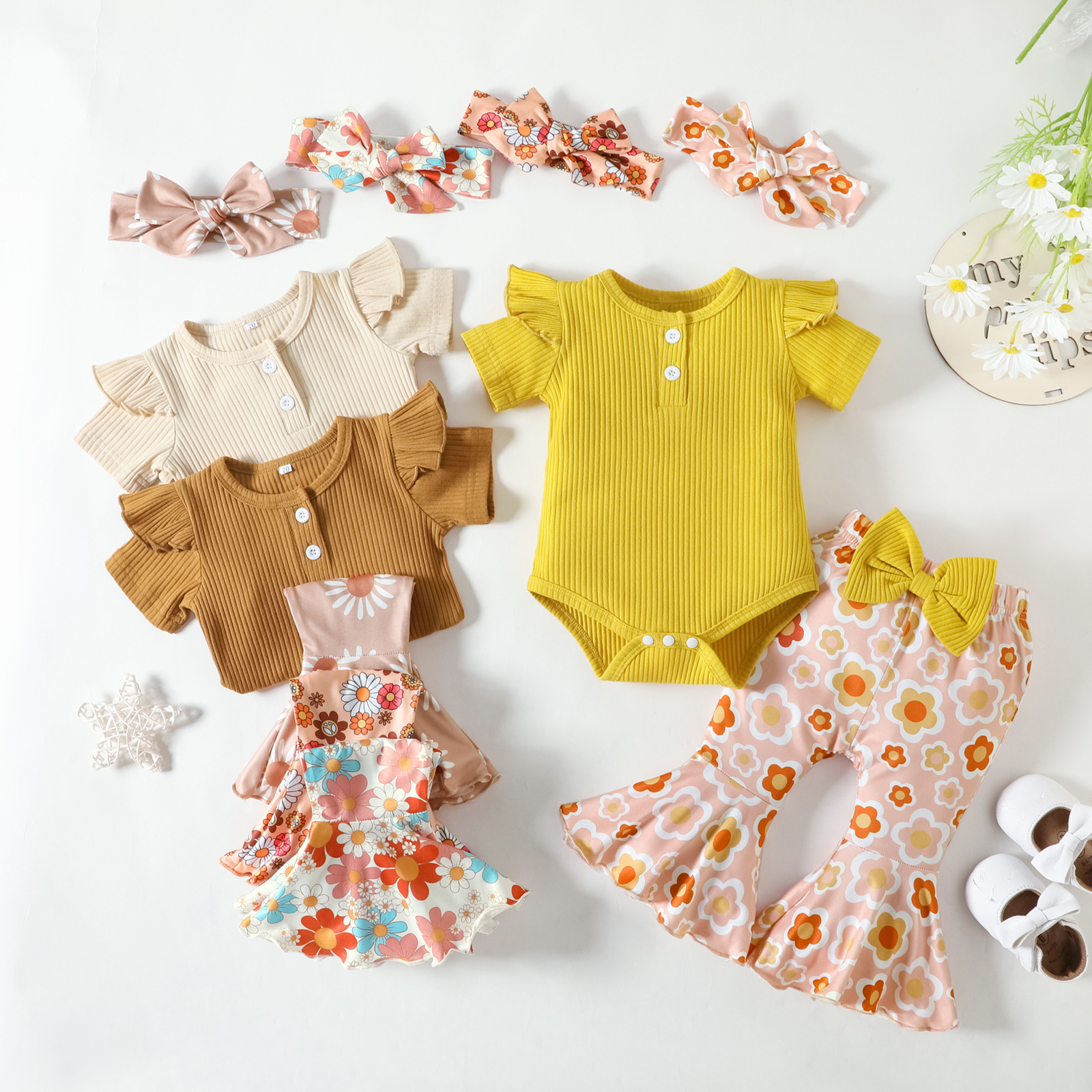 2023 Baby Girl Solid Color Pit Buckle with Floral Horn Trousers Three-piece Foreign Trade Children's Clothing