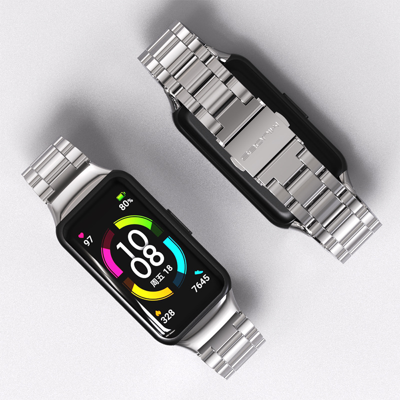Mibus for Huawei Bracelet 6/7 Strap Glory 7/6 Strap Three Beads Bamboo Stainless Steel Metal Strap