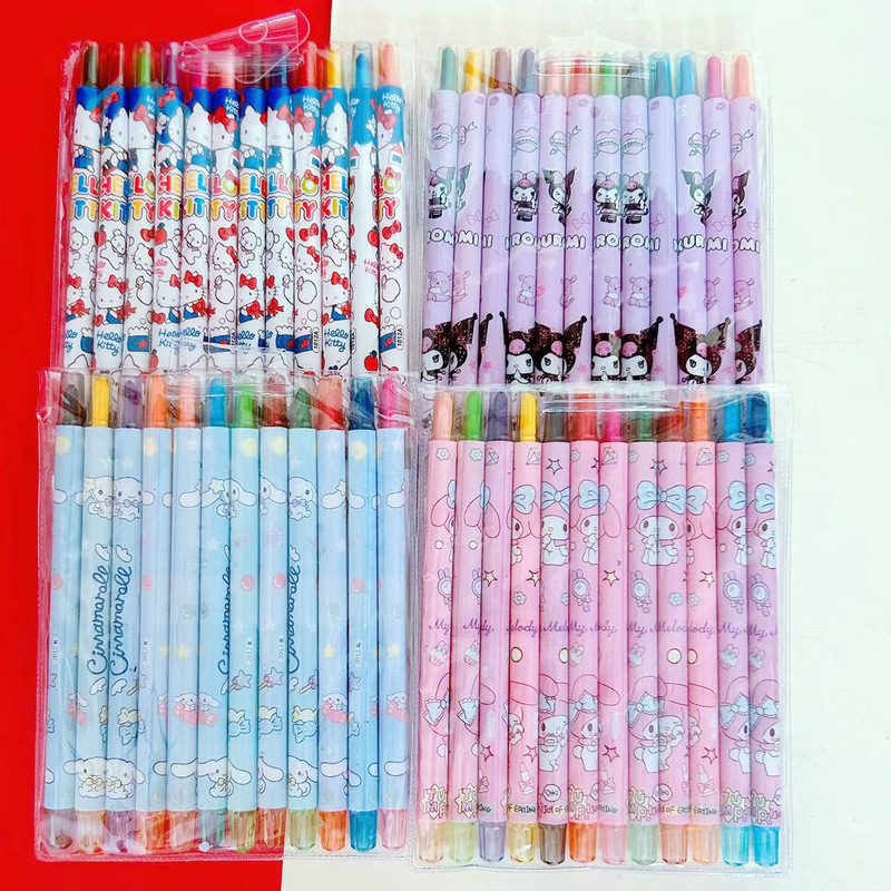 サンリオクレヨン12色可爱いクロミ子供ギフト絵画ペン回転クレヨン油絵スティックロングタイプクレヨン|undefined