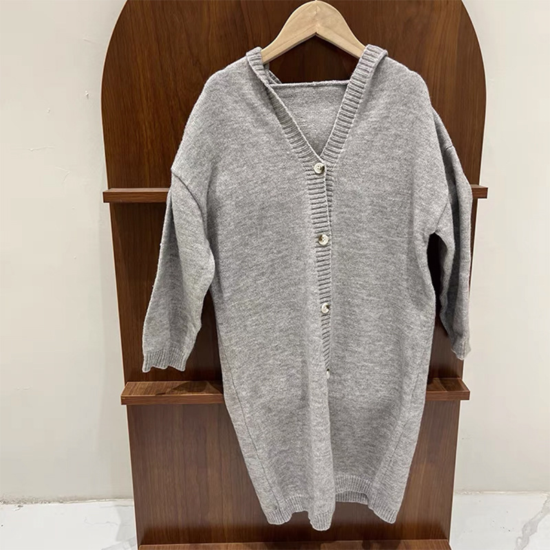 Girls' Spring and Autumn New Korean style western style hooded long single-breasted sweater coat lazy style all-match knitted cardigan