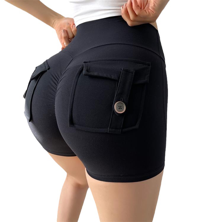 Peach Hip Tooling Tight Shorts Women's High Waist Elastic Hip Button Yoga Pants Quick-drying Running Fitness Pants 8019