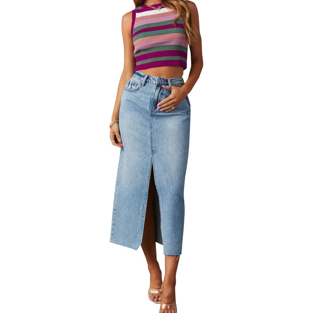 Amazon cross-border 2024 new split Denim skirt women's high waist washed European and American style A- line skirt