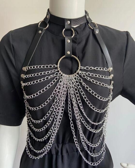 Leather stitching metal chain jewelry pu leather multi-layer chain chest chain body chain personalized accessories